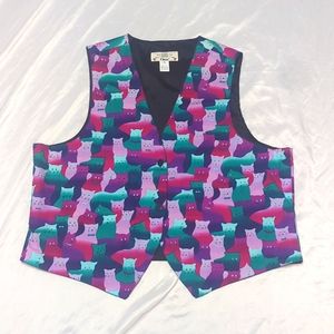 Orvis Vintage Kitschy Cat Lover Bold Colorful 2 Button Vest Purple Teal Pink